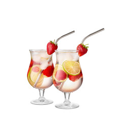 Glasses of fresh strawberry mojito on white background