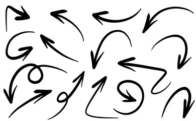 hand drawn arrow icon set isolated on white background. Doodle vector illustration.