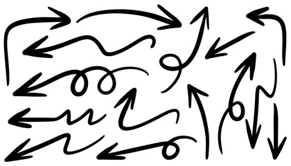 hand drawn arrow icon set isolated on white background. Doodle vector illustration.