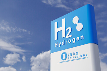 hydrogen logo on gas station. h2 combustion engine for emission free ecofriendly transport. - obrazy, fototapety, plakaty