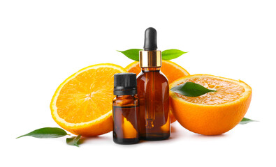 Bottles with orange essential oil on white background