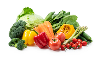 A collection of various vegetables placed on a white background - obrazy, fototapety, plakaty
