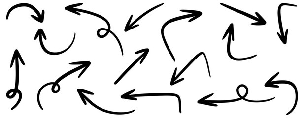 hand drawn arrow icon set isolated on white background. Doodle vector illustration.