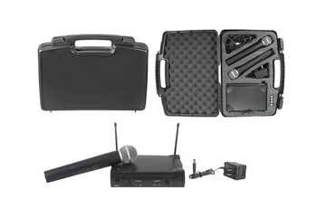 Box of Microphone wireless and receiver station isolated on white background with clipping path