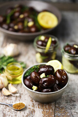 Pickled plums in a bowl. Fermentation of plums. Probiotics and fermented foods.