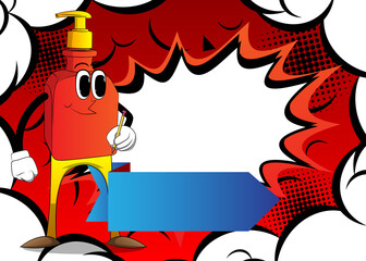 Cartoon bottle of hand sanitizer gel for hygiene with face holding a pencil in his hand.