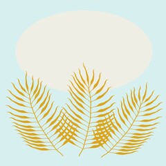 Gilded palm branches on a blue background with a beige copy of the space. Template for postcards, wall design, banners.