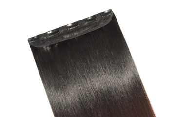 close up texture of single piece clip in straight black blended to dark red two tone ombre style...