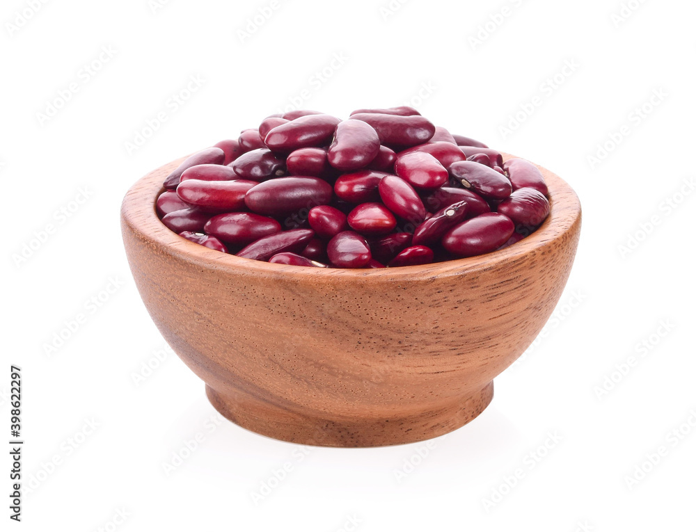 Wall mural red beans in wood bowl on white background