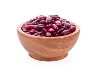 Red beans in wood bowl on white background