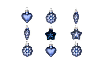 Isolated Christmas tree decorations on white background. Useful blue decorations set for web design on Christmas and New Year holidays.