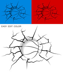 ball for basketball hit wall powerfully and damaged, cracks on wall. Sports design element. Active lifestyle. Vector on white or color background with cracks