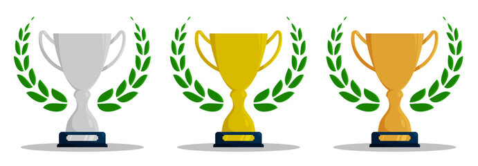 set of prize sports cup for participation in sports competitions with laurel wreaths. Silver, gold, bronze. Award to winner of tournament. Vector in flat style