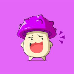 a poison mushroom character with mocking face isolated on purple background. a poison mushroom character emoticon illustration