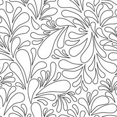 Drops abstract illustration, foliage, outline,  rounded decorated black over white background.