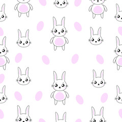 Cute Easter bunnies pink eggs vector illustration, seamless pattern on white background