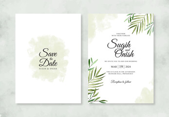 Elegant wedding invitation with hand painted watercolor foliage