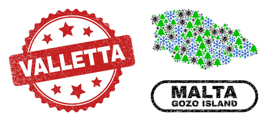 Vector Covid-2019 New Year mosaic Gozo Island map and Valletta rubber stamp seal. Valletta stamp seal uses rosette shape and red color. Collage Gozo Island map is organized from scattered virus,