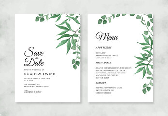 Minimalist wedding invitation with watercolor foliage
