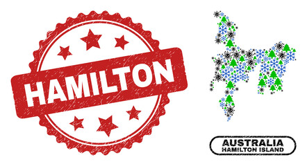 Vector Covid-2019 Christmas mosaic Hamilton Island map and Hamilton dirty stamp seal. Hamilton stamp seal uses rosette shape and red color.