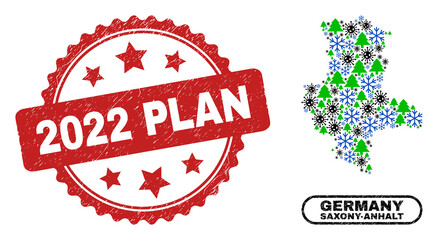 Vector coronavirus New Year collage Saxony-Anhalt Land map and 2022 Plan grunge seal. 2022 Plan stamp seal uses rosette shape and red color.