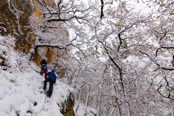 Tourist hiking at Caucasus mountains at first snow.