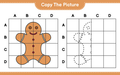Copy the picture, copy the picture of Gingerbread Man using grid lines. Educational children game, printable worksheet, vector illustration