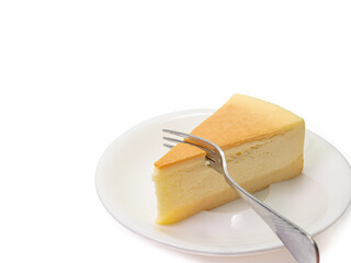 The close up of sliced yummy cheesecake bakery sweet dessert isolated on white background.