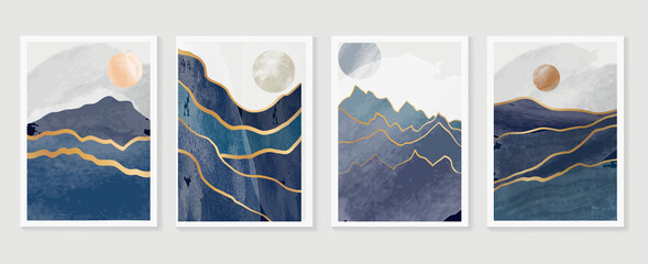 Luxury Gold Mountain wall art vector set. Earth tones landscapes backgrounds set with moon and sun.  Abstract Plant Art design for print, cover, wallpaper, Minimal and  natural wall art.  © TWINS DESIGN STUDIO