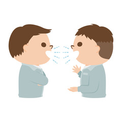 男性の建設業者のイラスト。近い距離で会話をしている男性二人。