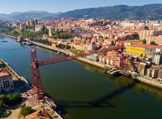 Fototapeta premium Aerial view of Bizkaia suspension Bridge in Portugalete, Spain
