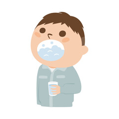 男性の建設業者のイラスト。会社内でうがいをしている男性。