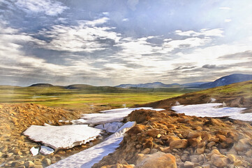 Beautiful mountain landscape at Polar Urals colorful painting