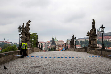 Charles Bridge entrance during the 2013 floods in Prague