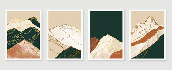 Luxury Gold Mountain wall art vector set. Earth tones landscapes backgrounds set with moon and sun.  Abstract Plant Art design for print, cover, wallpaper, Minimal and  natural wall art.  © TWINS DESIGN STUDIO