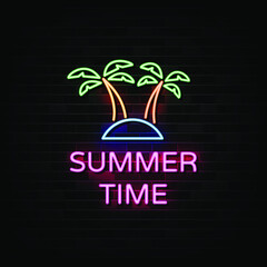 Summer Time Neon Signs Vector. Design Template Neon Style