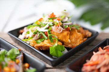 Spicy salad with fried eggs, Thai Spicy Food, Thai Cuisine