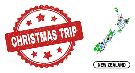 Vector Covid-2019 New Year collage New Zealand map and Christmas Trip rubber stamp imitation. Christmas Trip stamp uses rosette shape and red color. Mosaic New Zealand map is done of random Covid,