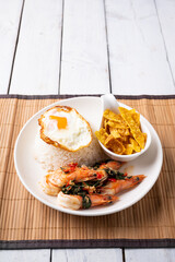 Stir fried Spicy Prawn , Thai Holy Basil With  Steamed Rice And Fried egg