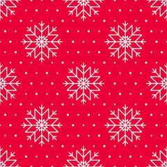 Naklejka na ściany i meble Snowflakes seamless pattern on a red background. Cute background with white snowflakes, dots, twinkles on red background
