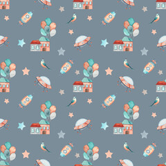 Watercolor children seamless pattern Transport by Air with cute rocket, ufo, houses, balloons