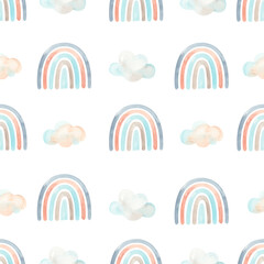 Watercolor children seamless pattern Transport by Air with cute rainbows, clouds - 398630651