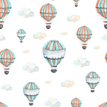Watercolor children seamless pattern Transport by Air with cute hot air balloons, clouds