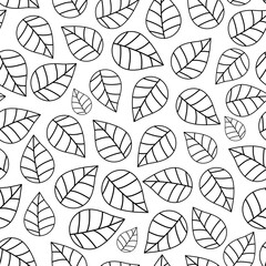 Leaves black and white, black outline, over white background, abstract sections leaf, seamless pattern.