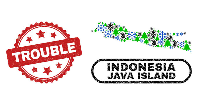 Vector Covid New Year mosaic Java Island map and Trouble dirty stamp seal. Trouble seal uses rosette shape and red color. Mosaic Java Island map is organized from randomized Covid, frost,