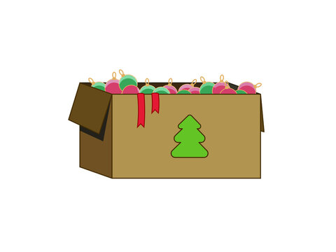 Isolated image of a box with Christmas decorations. New year and Christmas theme. Vector image in eps format.