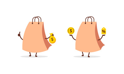 Set Cute shopping bag. Illustration vector graphic cartoon character  icon design. Perfect for Ecommerce, Symbol of promotion sale, store web element. Illustration E-commerce Shopping Symbols.