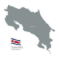 Silhouette of Costa Rica country map. Gray editable map with waving national flag and San Jose city capital, North America country territory borders vector illustration on white background