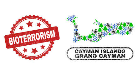 Vector Covid New Year combination Grand Cayman Island map and Bioterrorism scratched stamp print. Bioterrorism stamp seal uses rosette shape and red color.