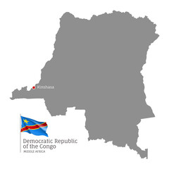 Democratic Republic of the Congo country map. Gray editable map with waving national flag and Kinshasa city capital, Middle Africa country territory borders vector illustration on white background